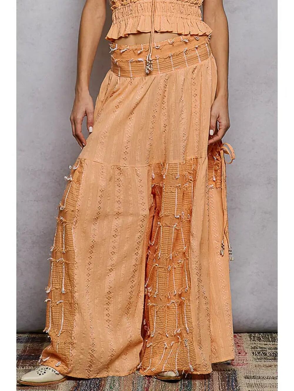 POL Boho Ruffle Contrast Shell Trim Wide Leg Pants